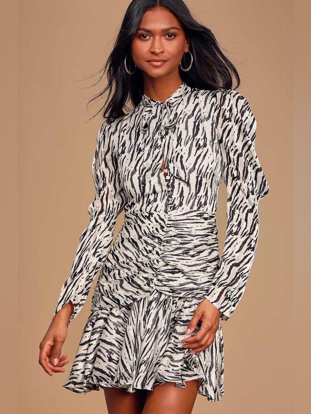 🖤 BARDOT Eileen Black and White Zebra Print Ruched Long Sleeve Mini Dress NWT 🖤